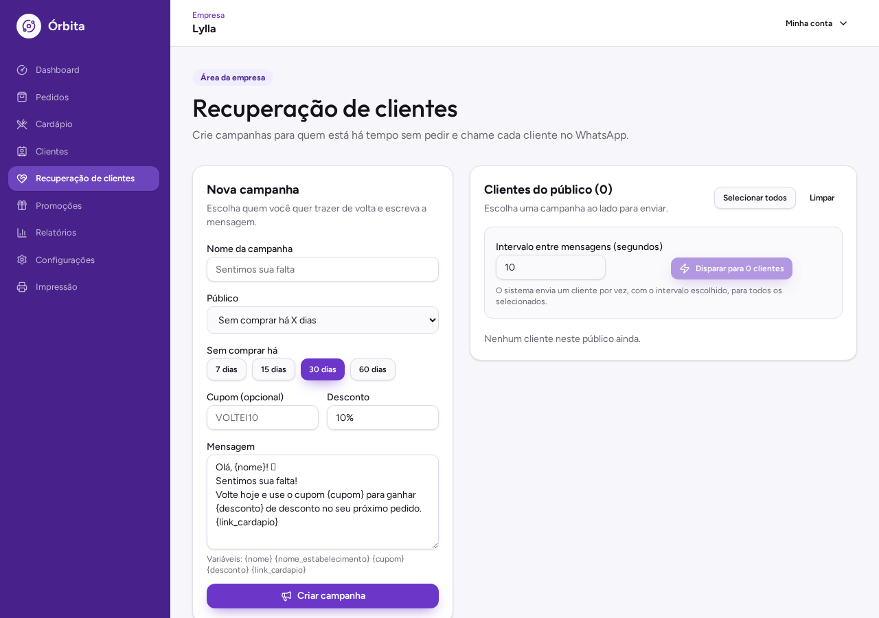 Tela de recuperação de clientes da Órbita com campanha, cupom e disparo pelo WhatsApp